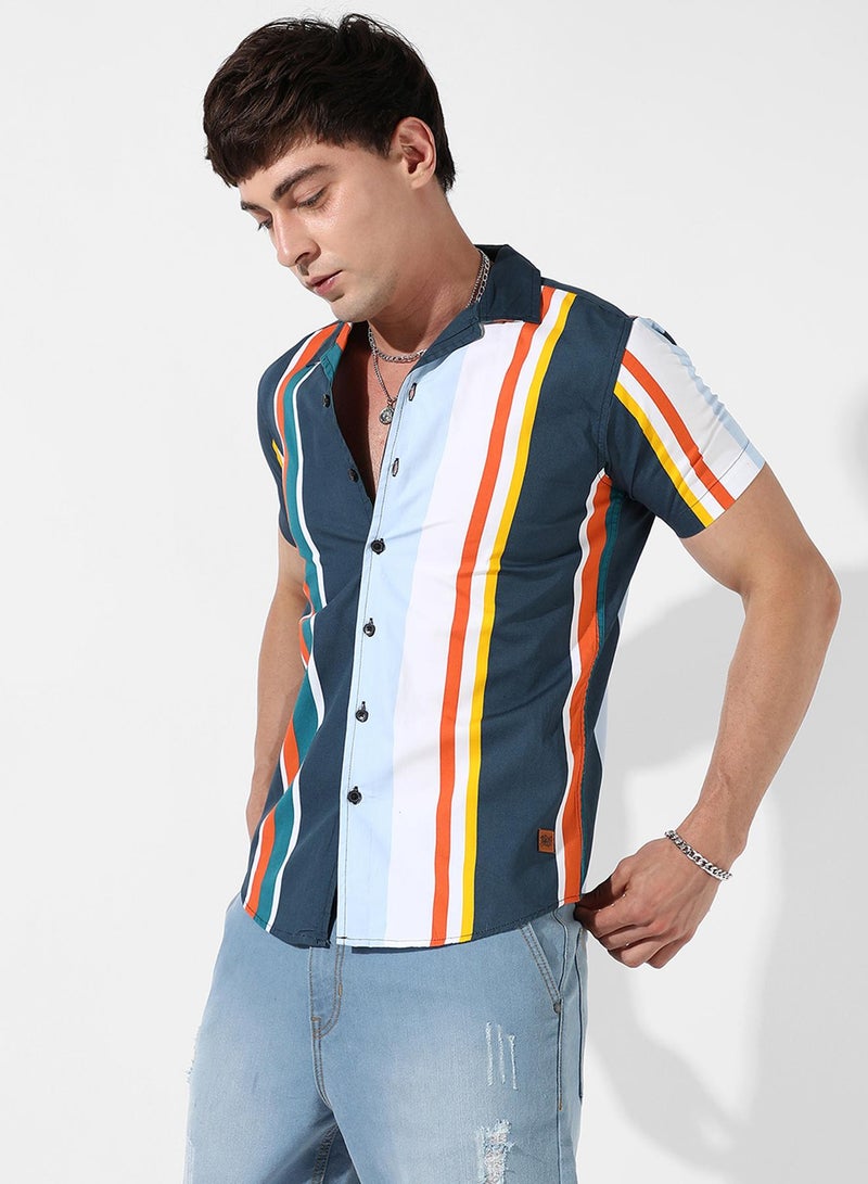 Campus Sutra Campus Sutra Men's Multicolour Striped Button Up Regular Fit Shirt For Casual Wear | Cotton Spread Collar Shirt Crafted With Regular Sleeve, Comfort Fit & High-Performance For Everyday Wear - Image 3