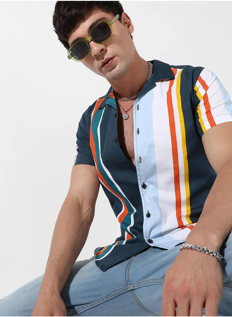 Campus Sutra Campus Sutra Men's Multicolour Striped Button Up Regular Fit Shirt For Casual Wear | Cotton Spread Collar Shirt Crafted With Regular Sleeve, Comfort Fit & High-Performance For Everyday Wear