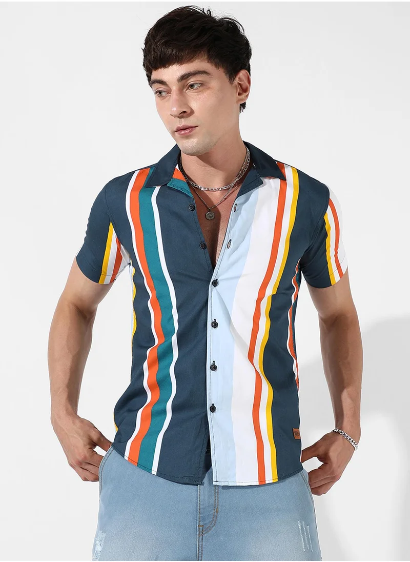 Campus Sutra Campus Sutra Men's Multicolour Striped Button Up Regular Fit Shirt For Casual Wear | Cotton Spread Collar Shirt Crafted With Regular Sleeve, Comfort Fit & High-Performance For Everyday Wear