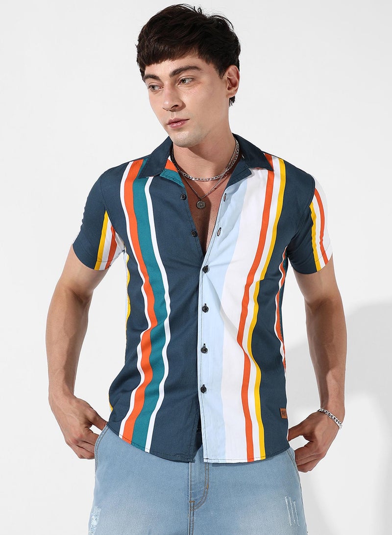 Campus Sutra Campus Sutra Men's Multicolour Striped Button Up Regular Fit Shirt For Casual Wear | Cotton Spread Collar Shirt Crafted With Regular Sleeve, Comfort Fit & High-Performance For Everyday Wear - Image 2