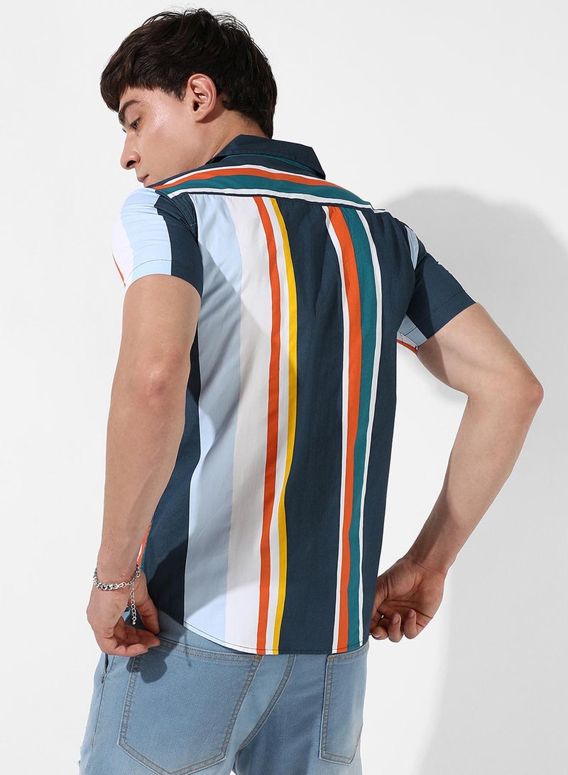Campus Sutra Campus Sutra Men's Multicolour Striped Button Up Regular Fit Shirt For Casual Wear | Cotton Spread Collar Shirt Crafted With Regular Sleeve, Comfort Fit & High-Performance For Everyday Wear - Image 5