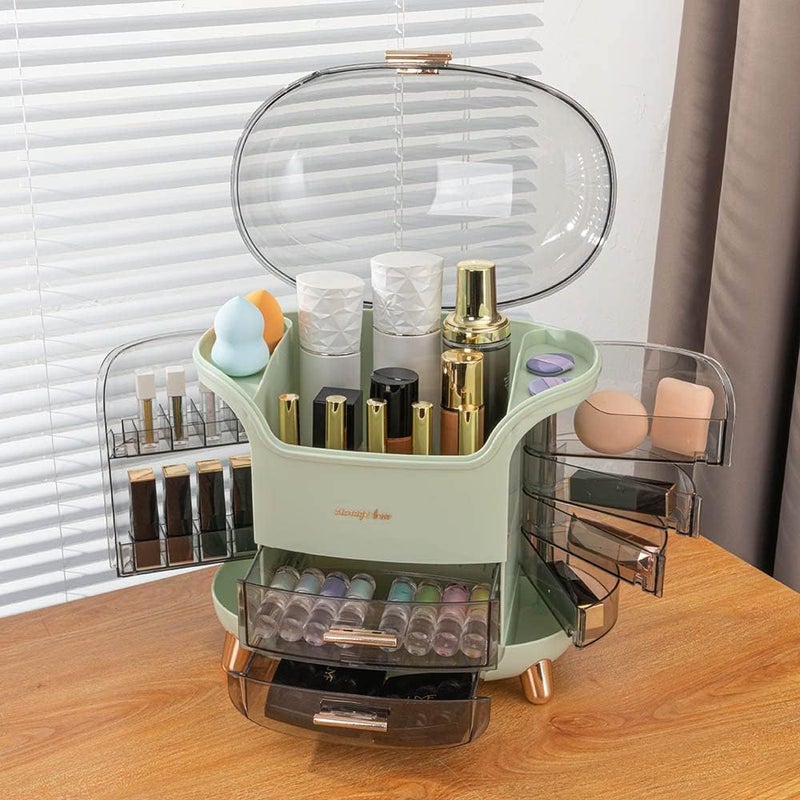 Touchcart Dustproof Cosmetic Storage Box with Lid & Drawers Extra Large Makeup Organizer for Skincare, Jewelry & Accessories Waterproof & Transparent Design (Green) - Image 2