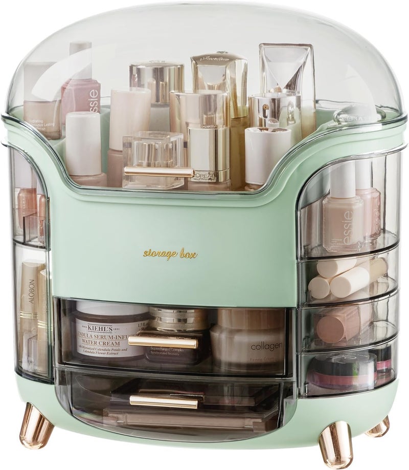 Touchcart Dustproof Cosmetic Storage Box with Lid & Drawers Extra Large Makeup Organizer for Skincare, Jewelry & Accessories Waterproof & Transparent Design (Green) - Image 1
