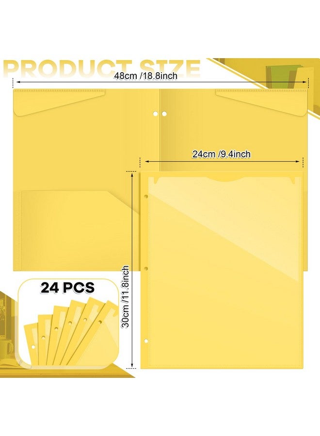 Henoyso 24 Pack 2 Pocket Folders With Clear Front Pocket 3 Hole Punched Plastic Heavy Duty Folders With Pockets For 3 Ring Binder Folders For 11 X 9 Inch Paper Holder Office Classroom (Yellow) - Image 2