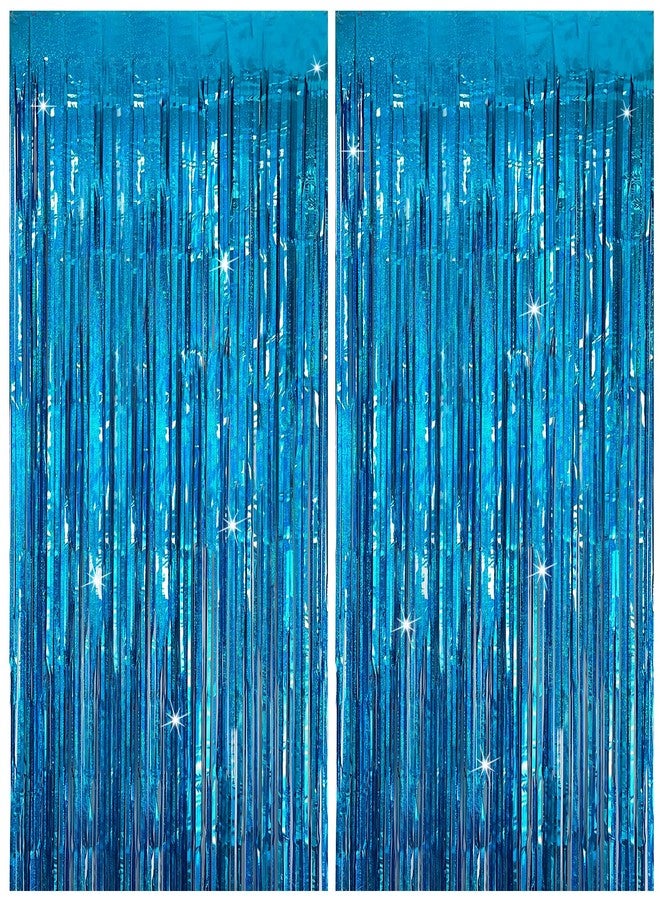 K.E.J. Tinsel Curtain Party Backdrop Blue Birthday Decorations 2 Packs Glitter Foil Fringe Curtain Party Decor Streamers Photo Booth for Birthday Christmas Wedding Halloween Graduation Decorations - Image 1