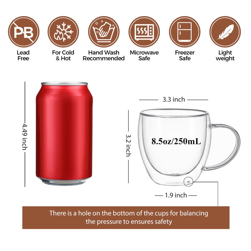 CNGLASS Double Wall Glass Coffee Mugs with Handle,8.5oz Clear Insulated Glass Espresso Cups for Hot and Cold Beverages,Latte,Cappuccino,Set of 2 - Image 2