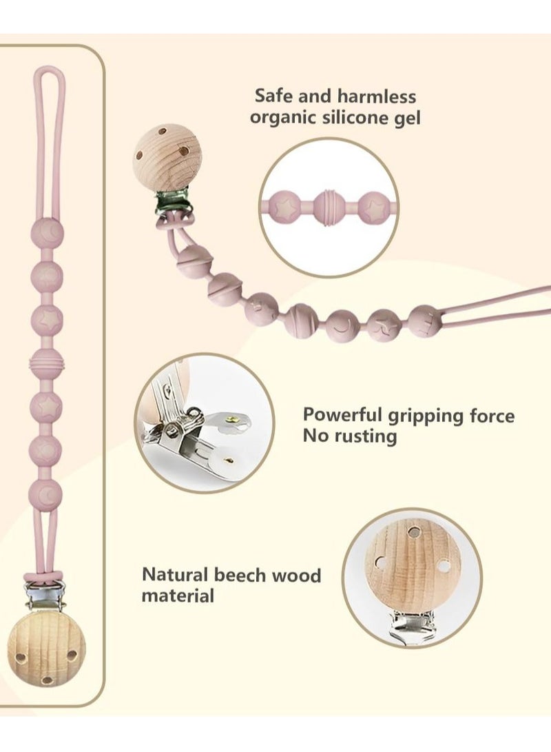 Baby Silicone Pacifier Clip Holder Chain With Wood Clip for Boys Girls - Baby Pink - Image 2