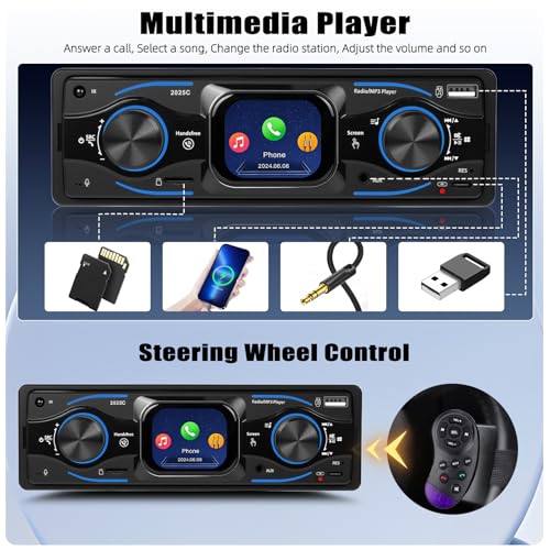 AMprime Single Din Car Stereo Marine Radio Bluetooth Multimedia Car Audio Receivers with Digital LCD Display FM Car Radio USB/Type-C/SD/AUX-in MP3 Player Lossless Sound Quality Quick Charge+ SWC - Image 2