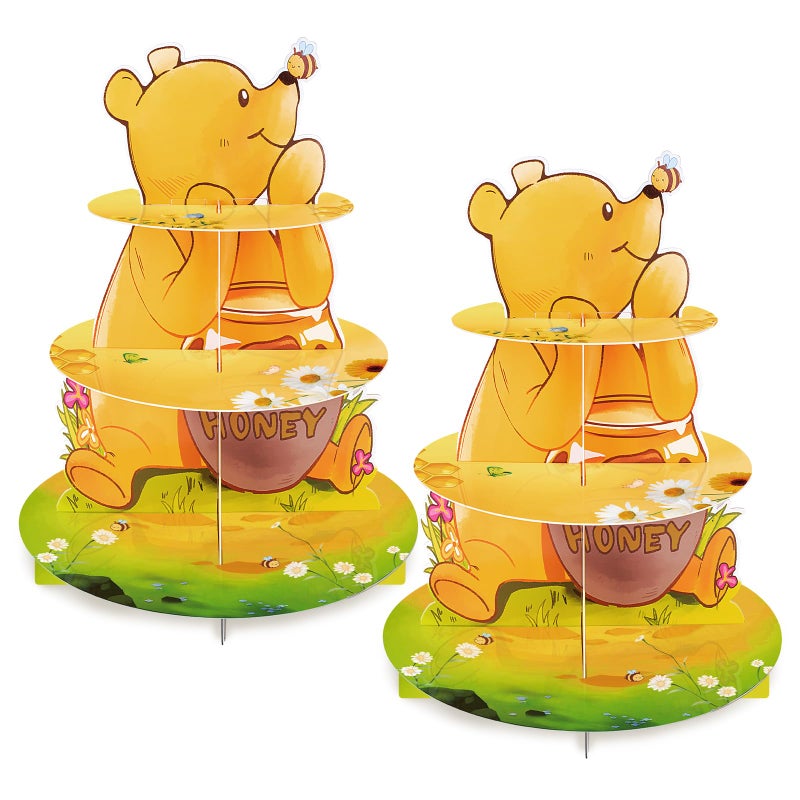 BACUTHY 2 Pack Winnie Baby Shower Decorations Birthday Cupcake Stands: Bear Party Theme Cake Stand Toppers Supplies for Girl Boy Kids Gender Reveal First Party - Hold 48pcs Cupcakes Table Decors - Image 1