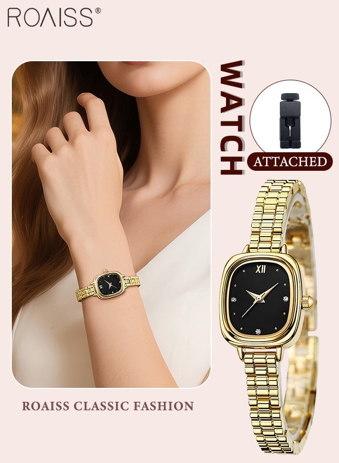 رويس ساعة يد نسائية مستطيلة صغيرة ذهبية اللون، شاشة تناظرية، مينا سوداء، خفيفة الوزن، أنيقة، مقاومة للماء، حزام من سبائك معدني، هدية للنساء - Image 1