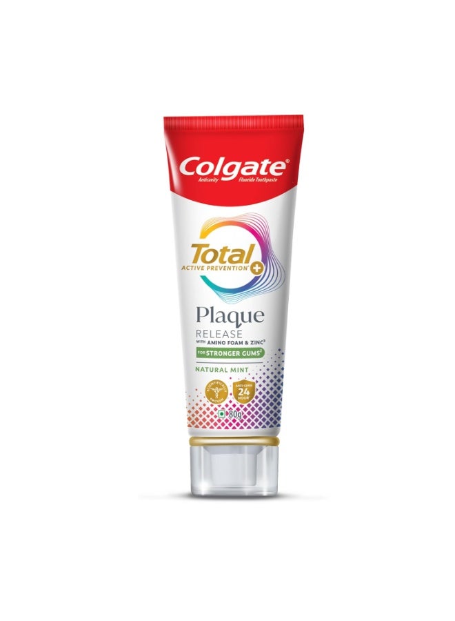 Colgate Total Plaque Release Toothpaste, 3X More Effective at Fighting Plaque, Reduces Gum Problems, Antibacterial and Enamel Protection Tooth Paste, Fresh Breath, 80g