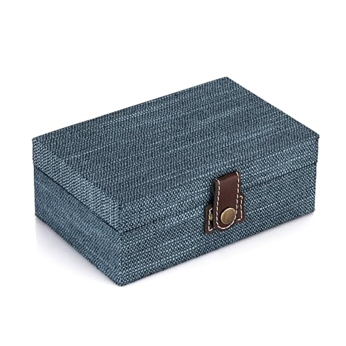 Hipiwe Treasure Chest Jewelry Box Wooden Decorative Box with Clasp Linen Covered Memento Case Box Rectangular Keepsake Box Photos Storage Organizer Home DecorBlue - Image 1