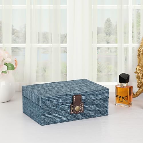 Hipiwe Treasure Chest Jewelry Box Wooden Decorative Box with Clasp Linen Covered Memento Case Box Rectangular Keepsake Box Photos Storage Organizer Home DecorBlue - Image 3