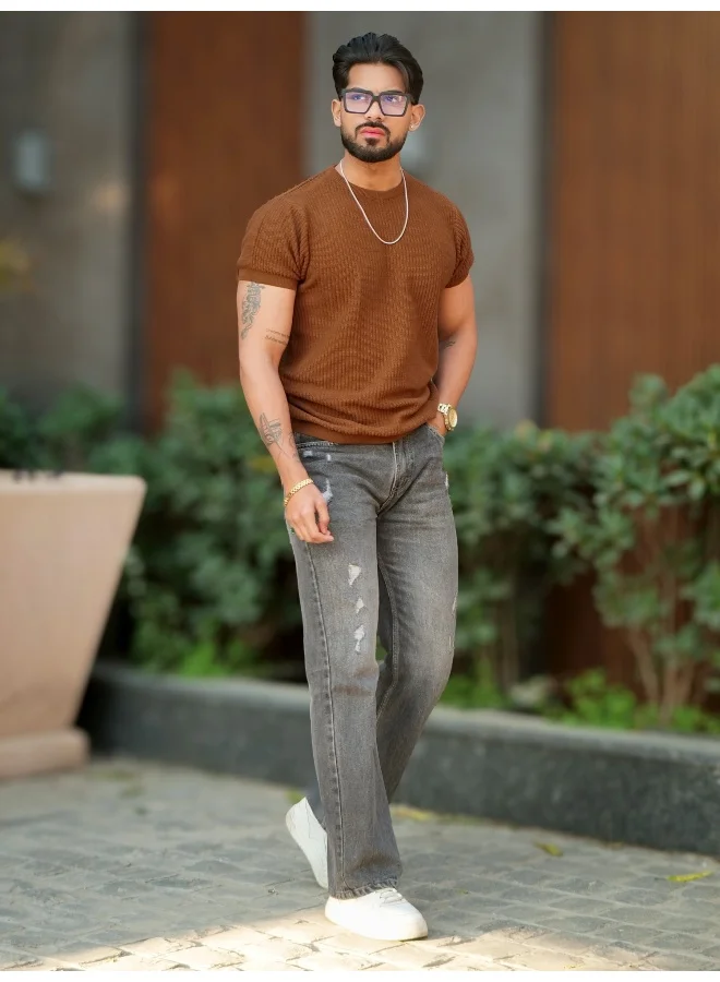 Maniac Maniac Mens Pebble Textured Rib Textured Brown Round Neck Half Sleeve Cotton Tshirt