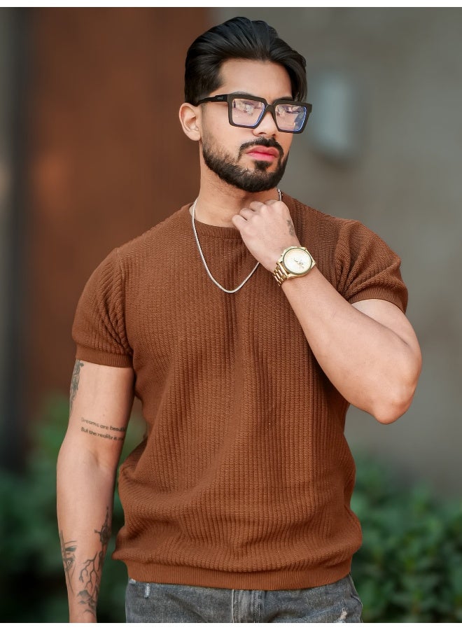 Maniac Maniac Mens Pebble Textured Rib Textured Brown Round Neck Half Sleeve Cotton Tshirt  - Image 3
