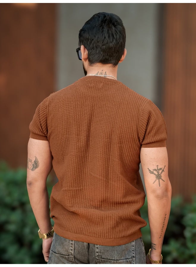 Maniac Maniac Mens Pebble Textured Rib Textured Brown Round Neck Half Sleeve Cotton Tshirt  - Image 5