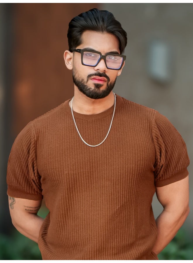 Maniac Maniac Mens Pebble Textured Rib Textured Brown Round Neck Half Sleeve Cotton Tshirt  - Image 1