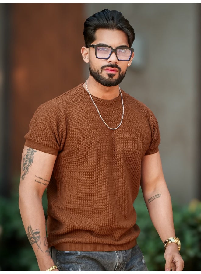 Maniac Maniac Mens Pebble Textured Rib Textured Brown Round Neck Half Sleeve Cotton Tshirt  - Image 4