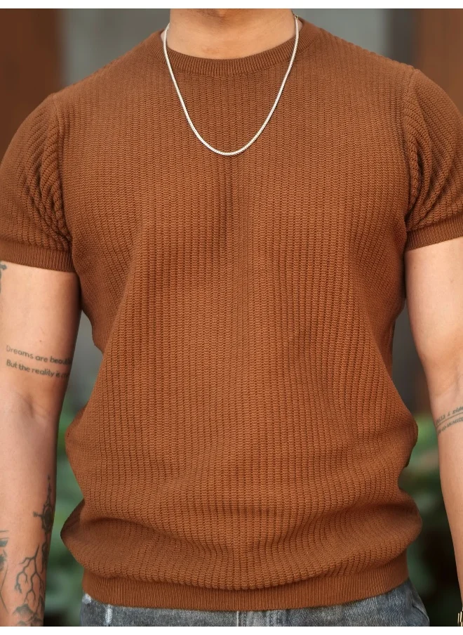 مانياك Maniac Mens Pebble Textured Rib Textured Brown Round Neck Half Sleeve Cotton Tshirt