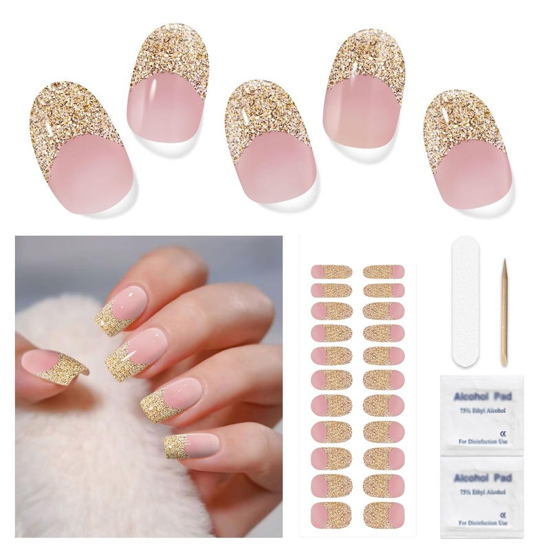 DUKASOU Gel Nail Strips for Women(No UV Light Needed), 22Pcs French Gold Glitter Gel Nail Stickers Kit, Gel Nail Wraps Fit for Home Travel Party Wedding, Includes Prep Pads, Nail File & Wood Stick