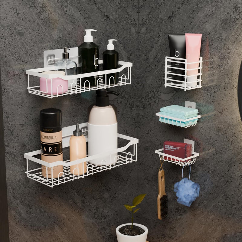 Kuber Industries 5 in 1 Metal Bathroom Rack without Drill with Soap & Toothbrush Holders | Self Adhesive Bathroom Accessories Set | Drill Free Storage Rack for Wall | White - Image 1