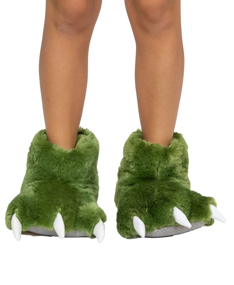 Lazy One Animal Paw Slippers for Kids and Adults, Fun Costume for Kids, Cozy Furry Slippers, Dinosaur (Green, Small) - Image 2