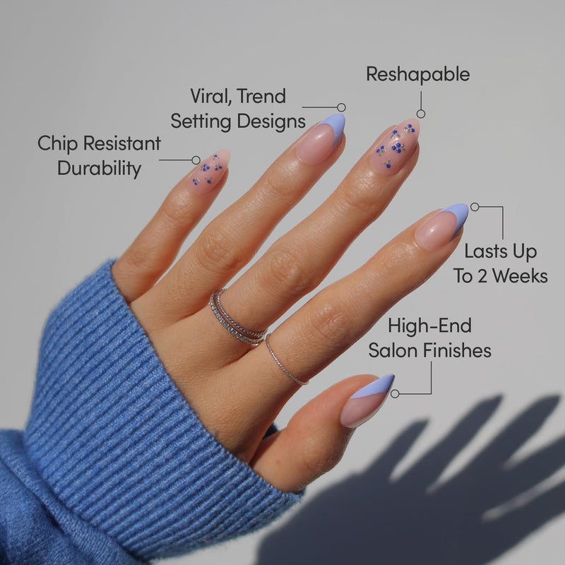 Glamnetic Press On Nails - Bluebelle | Short Almond Fake Nails with Pale Blue French Tips & 3D Blueberry Accents on Semi-Sheer Base, Glossy Finish, Salon Quality | 15 Sizes - 30 Nail Kit with Glue - Image 3