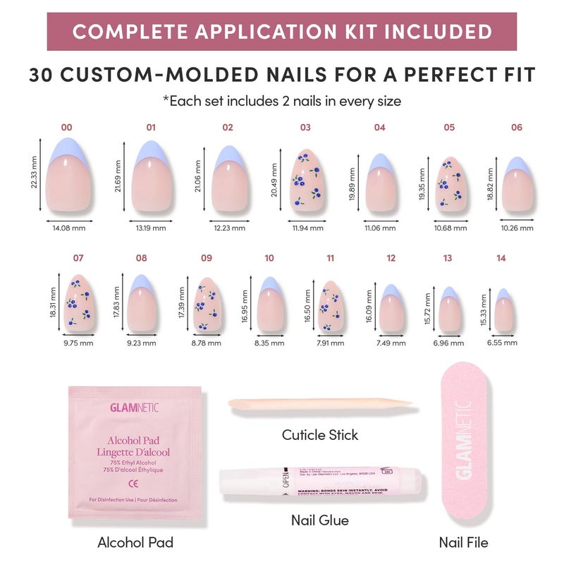 Glamnetic Press On Nails - Bluebelle | Short Almond Fake Nails with Pale Blue French Tips & 3D Blueberry Accents on Semi-Sheer Base, Glossy Finish, Salon Quality | 15 Sizes - 30 Nail Kit with Glue - Image 4