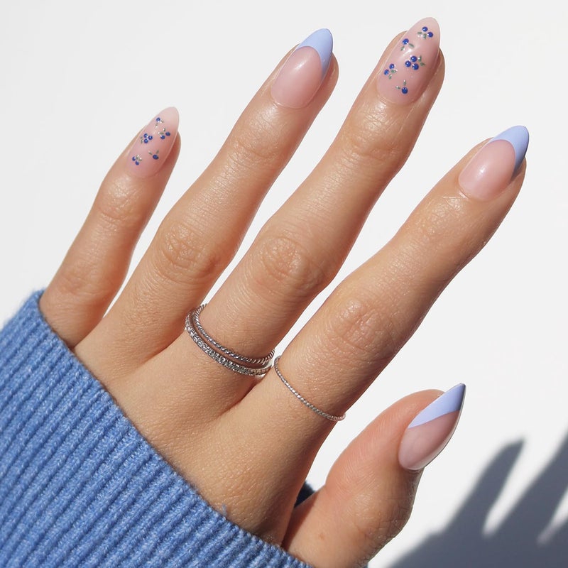 Glamnetic Press On Nails - Bluebelle | Short Almond Fake Nails with Pale Blue French Tips & 3D Blueberry Accents on Semi-Sheer Base, Glossy Finish, Salon Quality | 15 Sizes - 30 Nail Kit with Glue - Image 1