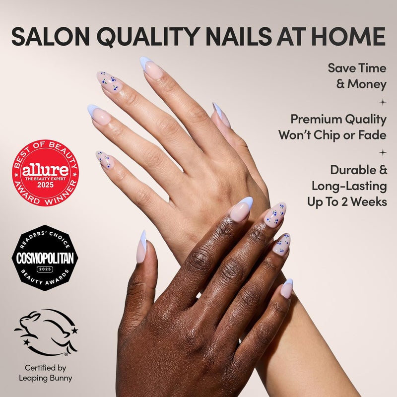 Glamnetic Press On Nails - Bluebelle | Short Almond Fake Nails with Pale Blue French Tips & 3D Blueberry Accents on Semi-Sheer Base, Glossy Finish, Salon Quality | 15 Sizes - 30 Nail Kit with Glue - Image 2