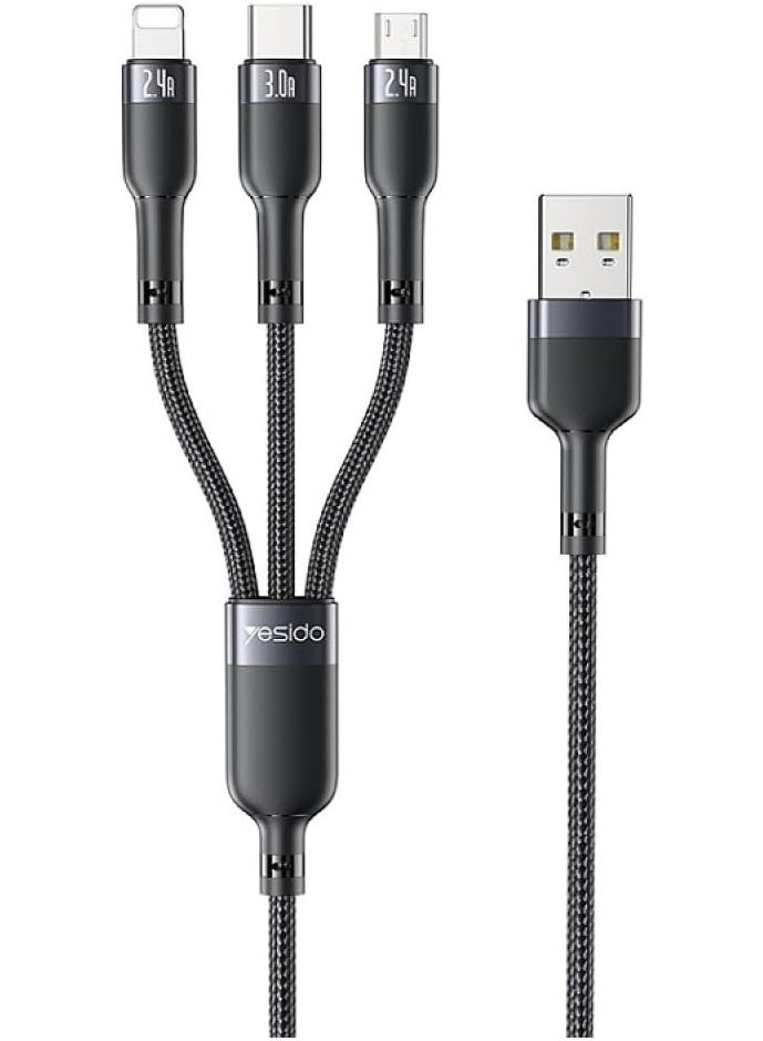 Yesido CA91 3-in-1 Fast Charging Cable 3A Output – USB-C, Micro USB & Lightning – Durable Braided Cord, Universal Compatibility – Black - Image 1