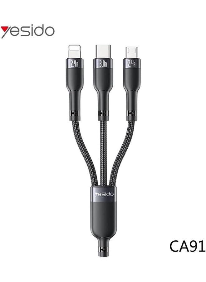 Yesido CA91 3-in-1 Fast Charging Cable 3A Output – USB-C, Micro USB & Lightning – Durable Braided Cord, Universal Compatibility – Black - Image 5