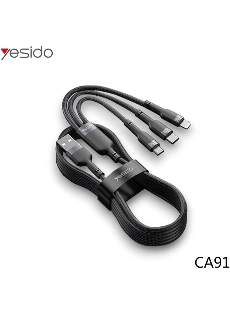 Yesido CA91 3-in-1 Fast Charging Cable 3A Output – USB-C, Micro USB & Lightning – Durable Braided Cord, Universal Compatibility – Black - Image 4