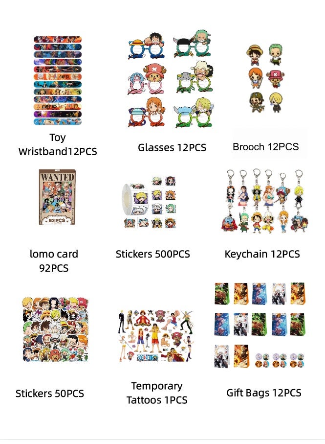 One Piece Party Favors Set for 12 Guests, Anime Pirate Themed Birthday Party Supplies, Include Gift Bags, Wristbands, Brooches, Keychains, Party Glasses, Lomo Cards, Stickers, Temporary Tattoos, Anime Birthday Goodie Bag Fillers for Kids - Image 2