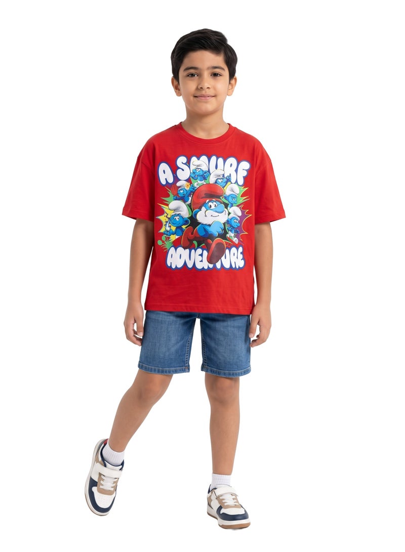 The Smurfs “A Smurf Adventure” Boys Drop Shoulder T-Shirt | Papa Smurf Character Graphic Casual Crew Neck Cotton Tee - Image 3