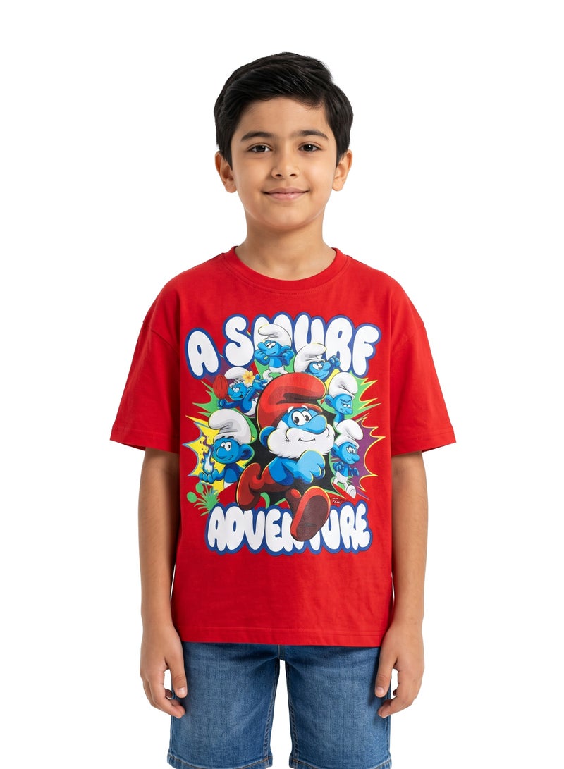 The Smurfs “A Smurf Adventure” Boys Drop Shoulder T-Shirt | Papa Smurf Character Graphic Casual Crew Neck Cotton Tee - Image 1