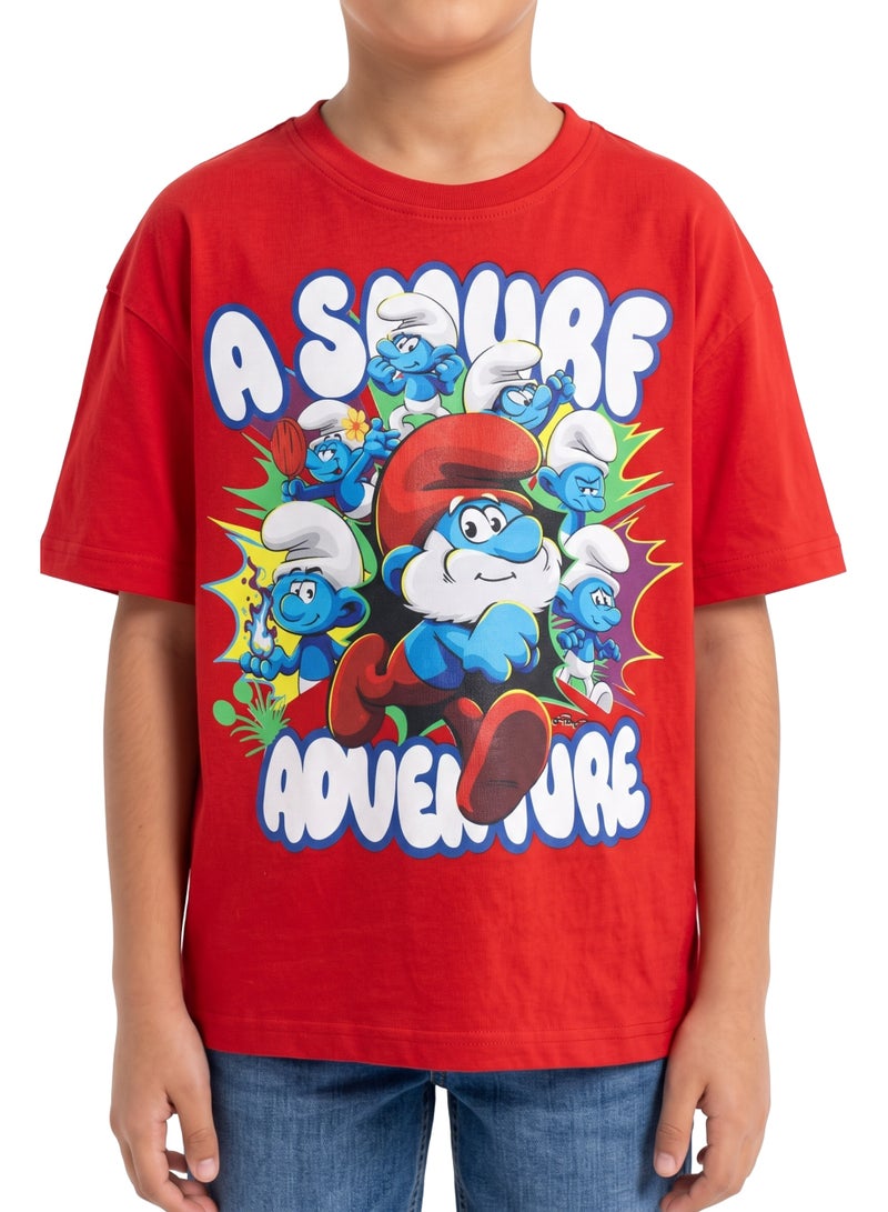 The Smurfs “A Smurf Adventure” Boys Drop Shoulder T-Shirt | Papa Smurf Character Graphic Casual Crew Neck Cotton Tee - Image 4