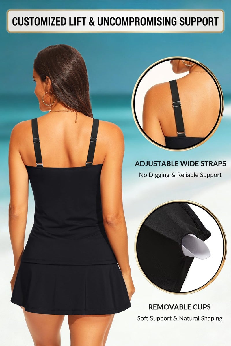 Talisea Womens Two Piece Tankini Bathing Suits with Skirt Tummy Control Swimsuits Ladies Swimwear Black M - Image 5