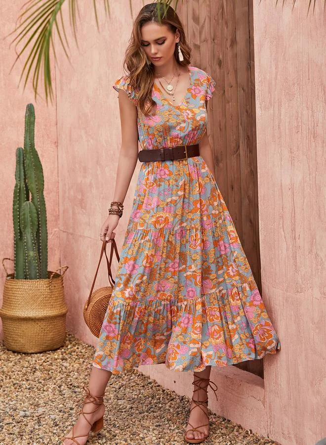 Floral Print A-Line Midi Dress with Short Sleeves
