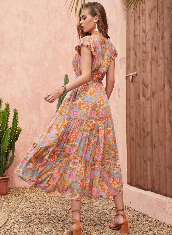Take Two Floral Print A-Line Midi Dress with Short Sleeves