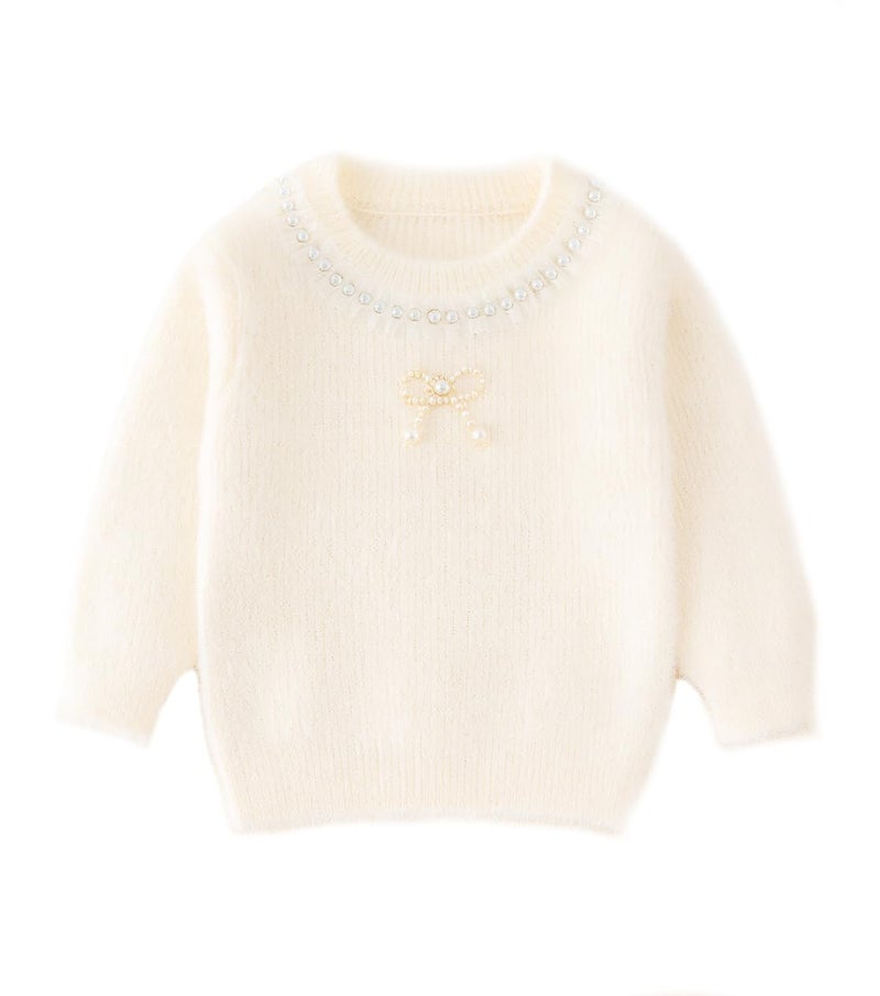 Bold N Elegant Girls Woolen Pearl Bow Design Party Sweater with Embellished Neckline | Soft Fur Knit Party Pullover Sweater Winter Jumper for Baby Girls Upto 5 Years White - Image 1