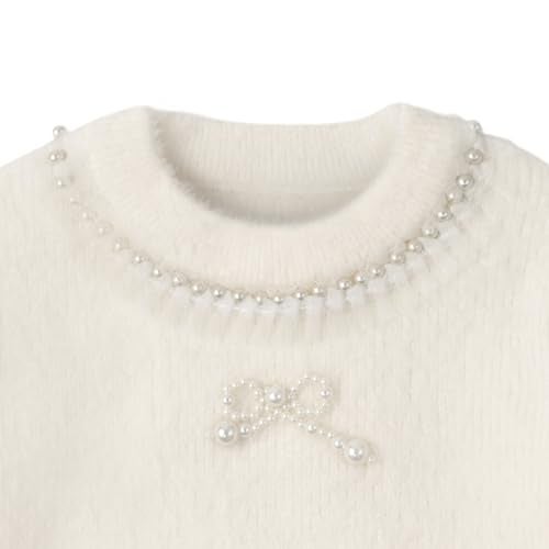 Bold N Elegant Girls Woolen Pearl Bow Design Party Sweater with Embellished Neckline | Soft Fur Knit Party Pullover Sweater Winter Jumper for Baby Girls Upto 5 Years White - Image 3