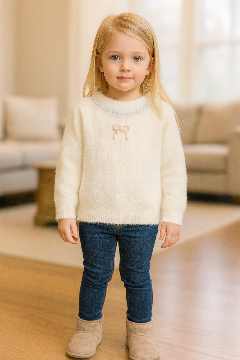 Bold N Elegant Girls Woolen Pearl Bow Design Party Sweater with Embellished Neckline | Soft Fur Knit Party Pullover Sweater Winter Jumper for Baby Girls Upto 5 Years White - Image 2