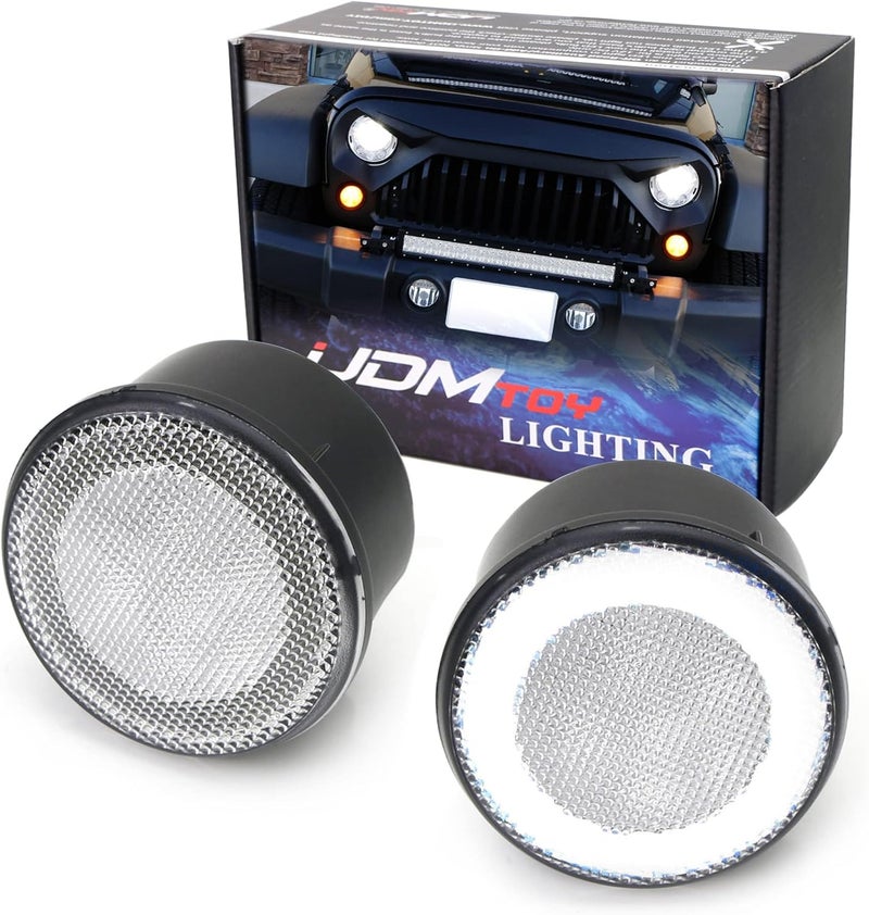 iJDMTOY Clear Lens LED Driving/DRL Turn Signal Lamp Assembly Compatible With Jeep 2007-17 Wrangler (White LED Halo Ring as Parking/Driving/DRL Lights & Amber LED Center Light as Turn Signals) - Image 1