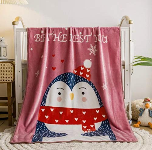 Koochie-Koo Penguin Cartoon Print Light Weight Soft Cozy Plush Fleece Coral Velvet Faux Fur All Seasons New Born Baby Blanket for Boys Girls Kids Toddler - 100x140 cm (Pack of 1, Pink) - Image 1