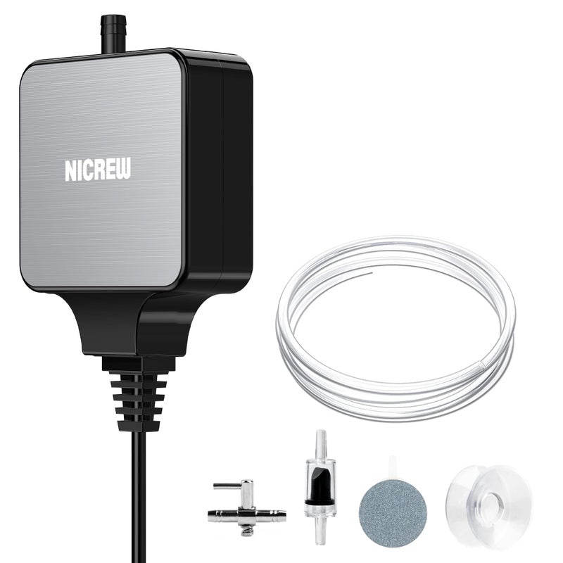 NICREW Nano Silent Aquarium Air Pump Black, Aquarium Aerator with Accessories for UP to 20 Gallon Fish Tank, Super Quiet, 0.6 L/min, 1.5 Watts - Image 1