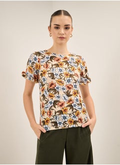 Salt Attire Women's Multi-Color Floral Pattern Top with Round Neckline, Half-Length Sleeves, Ruffled Sleeve Hem, and Regular Fit for a Chic and Feminine Look  - Image 1
