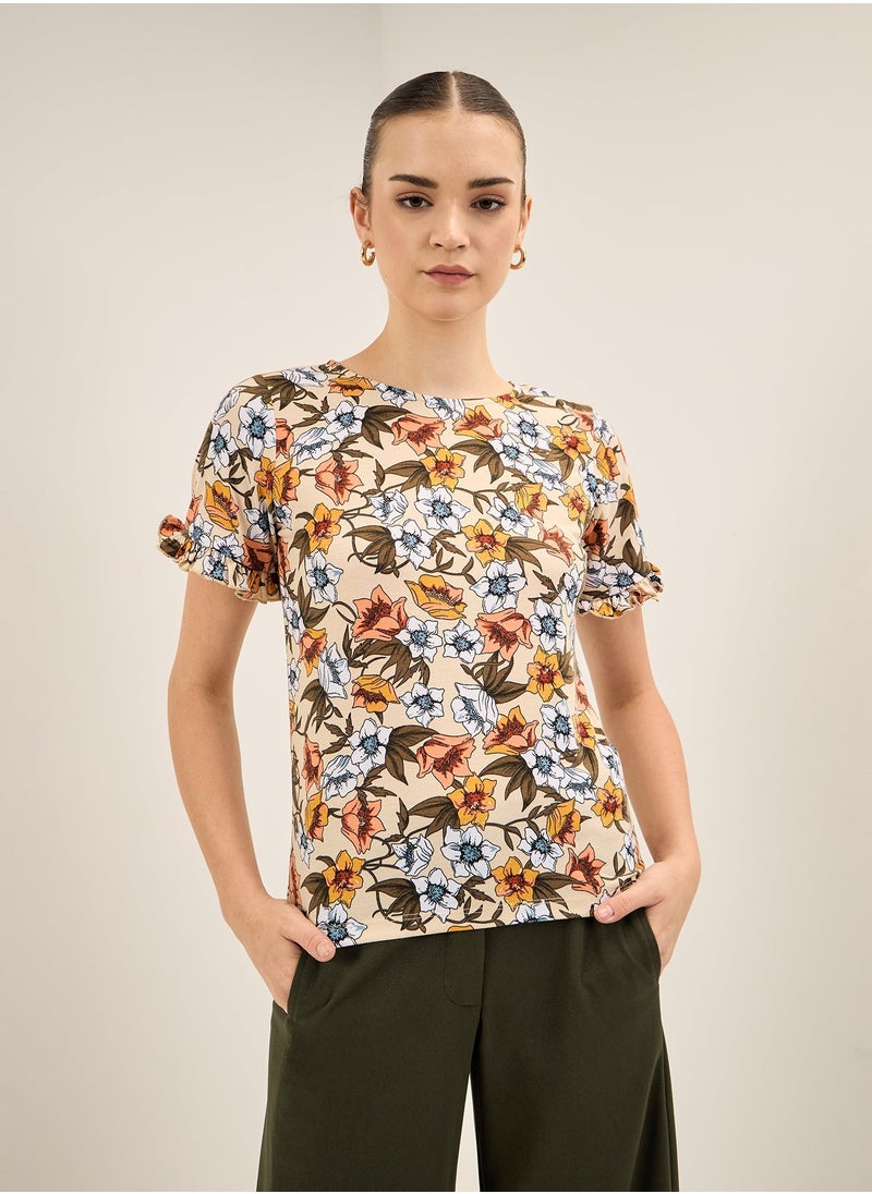 Salt Attire Women's Multi-Color Floral Pattern Top with Round Neckline, Half-Length Sleeves, Ruffled Sleeve Hem, and Regular Fit for a Chic and Feminine Look  - Image 1