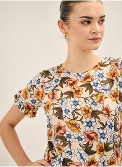 Salt Attire Women's Multi-Color Floral Pattern Top with Round Neckline, Half-Length Sleeves, Ruffled Sleeve Hem, and Regular Fit for a Chic and Feminine Look  - Image 2