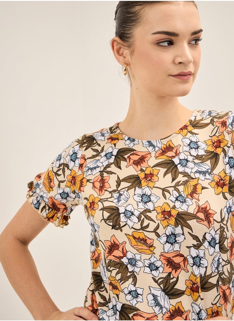 Salt Attire Women's Multi-Color Floral Pattern Top with Round Neckline, Half-Length Sleeves, Ruffled Sleeve Hem, and Regular Fit for a Chic and Feminine Look  - Image 2